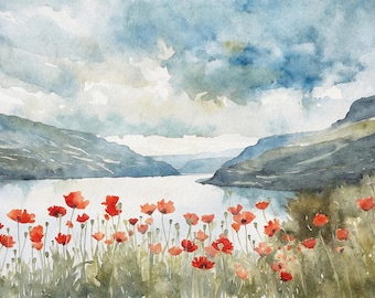 Impresión artística en acuarela de un campo de amapolas de Hood River: paisaje de la garganta del Columbia