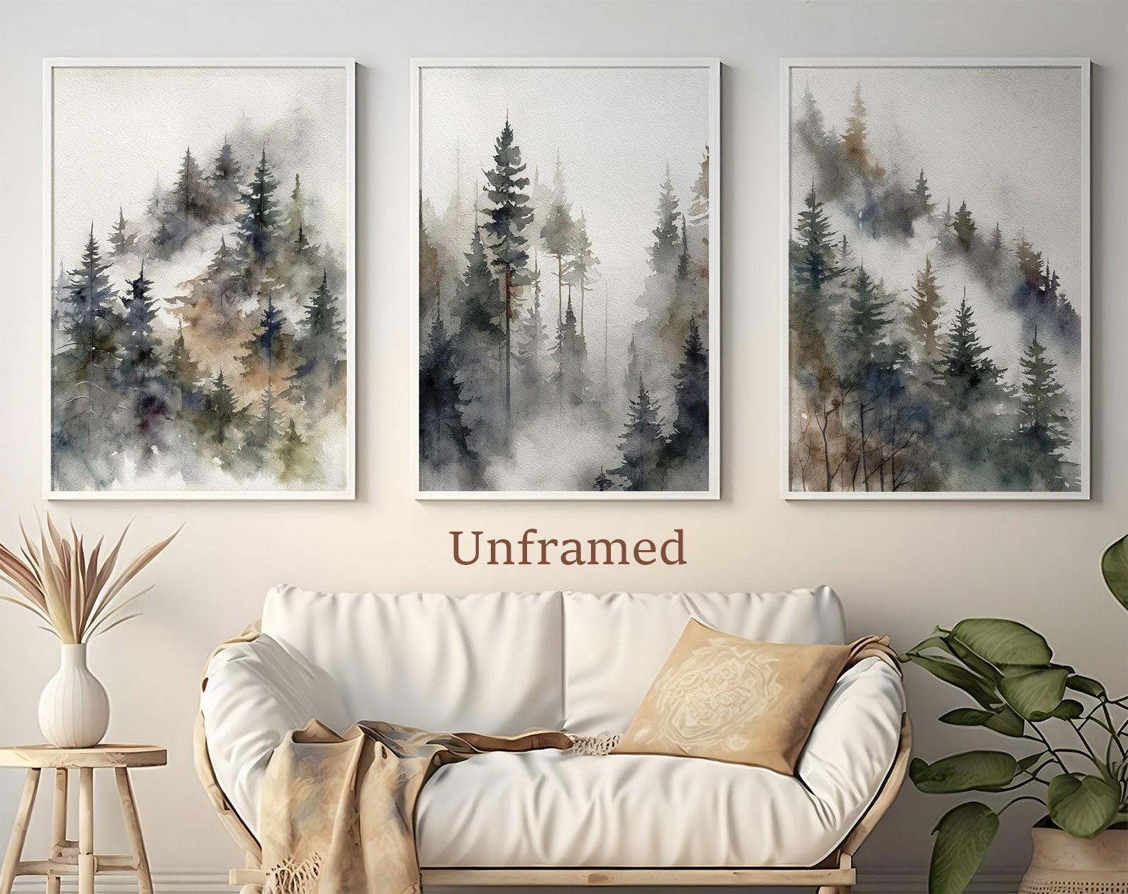 Pine Trees Set of 3 Watercolor Prints Forest Landscape Foggy Forest ...