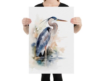 オオアオサギの水彩画、サギの鳥のアートプリント、沿岸の鳥のポスター