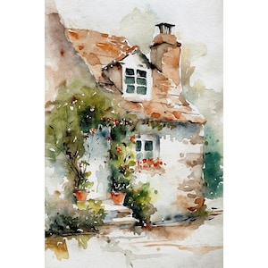 English Cottage Art Print Country House Watercolor Painting Cute Old House Artwork Farmhouse Wall Decor Rural Wall Art image 1