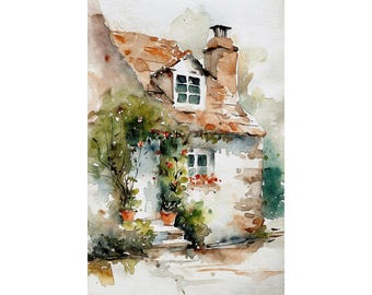 English Cottage Art Print Country House Watercolor Painting Cute Old House Artwork Farmhouse Wall Decor Rural Wall Art