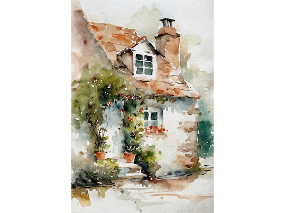 English Cottage Art Print Country House Watercolor Painting Cute Old House Artwork Farmhouse Wall Decor Rural Wall Art
