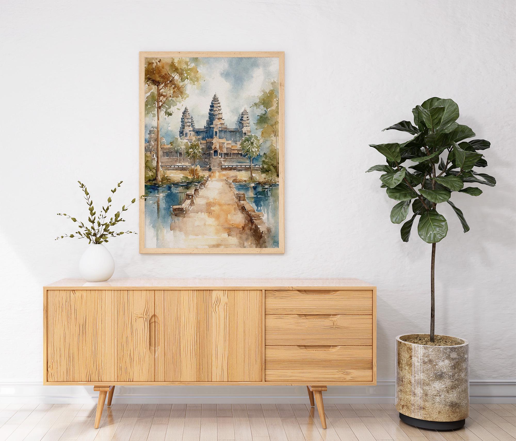 アンコールワットの水彩画アートプリント カンボジア絵画 歴史的寺院