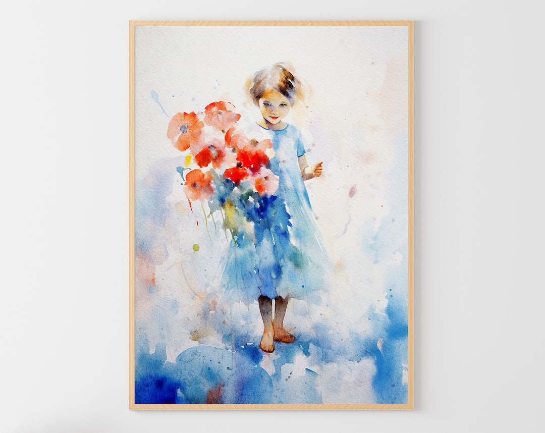 Little Girl Watercolor Painting Child With Flowers Poster Cute Girl Art ...