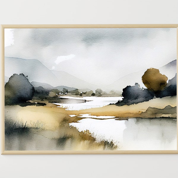 Aquarelle de campagne, paysage fluvial, peinture de champ, grande aquarelle, paysage naturel panoramique