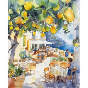 Akvarellkonsttryck på restaurang Capri: Italiensk citronträdsscen