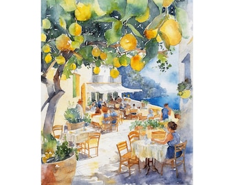 Capri Restaurant Watercolor Art Print: Italian Lemon Tree Scene