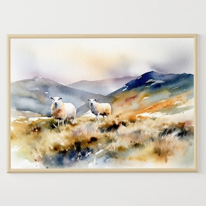 Scottish Hills Watercolor Landscape Sheep Grazing painting Scotland Travel Art Print Neutral Wall Art