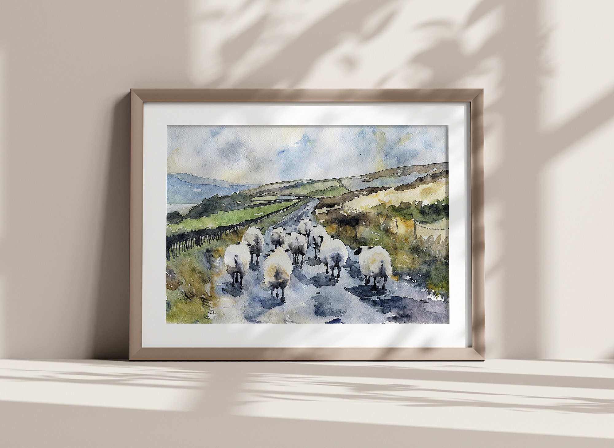 アイルランド画家 大型の水彩画/静物画 額縁入り アイルランドの羊の水彩画 アイルランドの風景 農家の壁画 素朴な道の