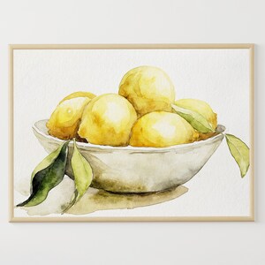 Lemons In Bowl Painting Fruits Watercolor Citrus Still Life Kitchen Wall Decor Neutral Botanical Wall Art
