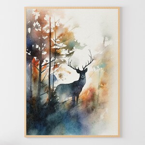 May include: Watercolor painting of a deer standing in a forest. The deer is silhouetted against a background of trees and foliage in shades of orange, brown, and blue.