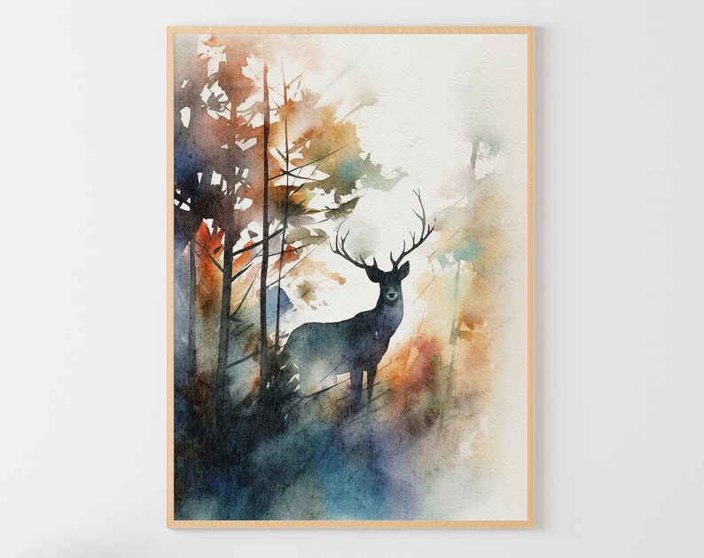 May include: Watercolor painting of a deer standing in a forest. The deer is silhouetted against a background of trees and foliage in shades of orange, brown, and blue.