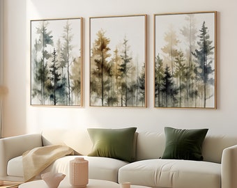 Pine Forest Set Of 3 Watercolor Prints Misty Forest Painting Evergreen Trees Poster Forest Landscape Neutral Green Wall Art