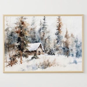 Winter Cabochon Aquarell Druck Schnee Szene Malerei Verschneiten Wald Poster Kiefer Wand Kunst Bauernhaus Weihnachtswand Dekor