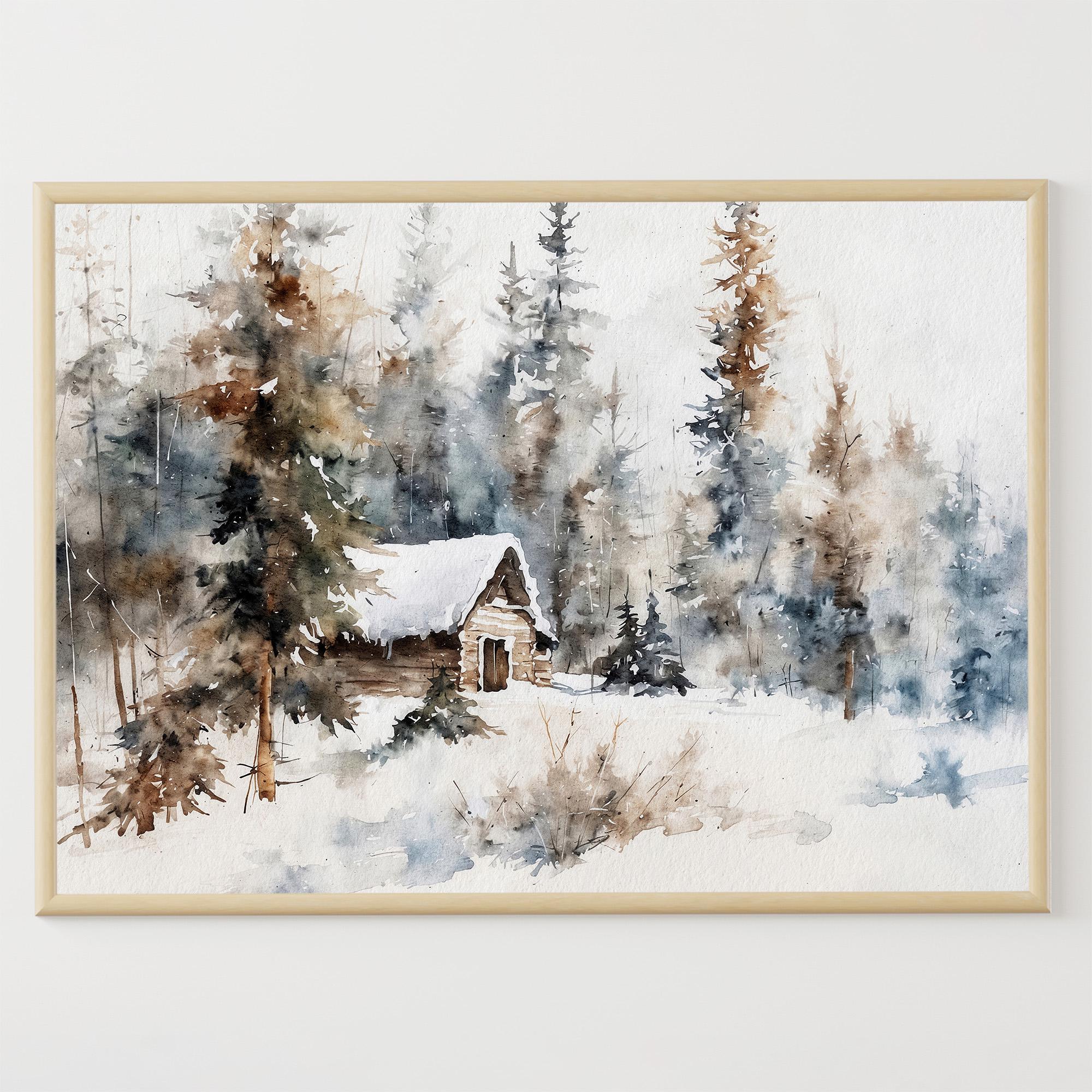 冬の小屋の水彩画：雪に覆われた松林の壁アート - Etsy 日本
