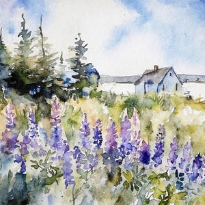 Maine Coast Watercolor Art Print: Lupine Flowers, Coastal Landscape