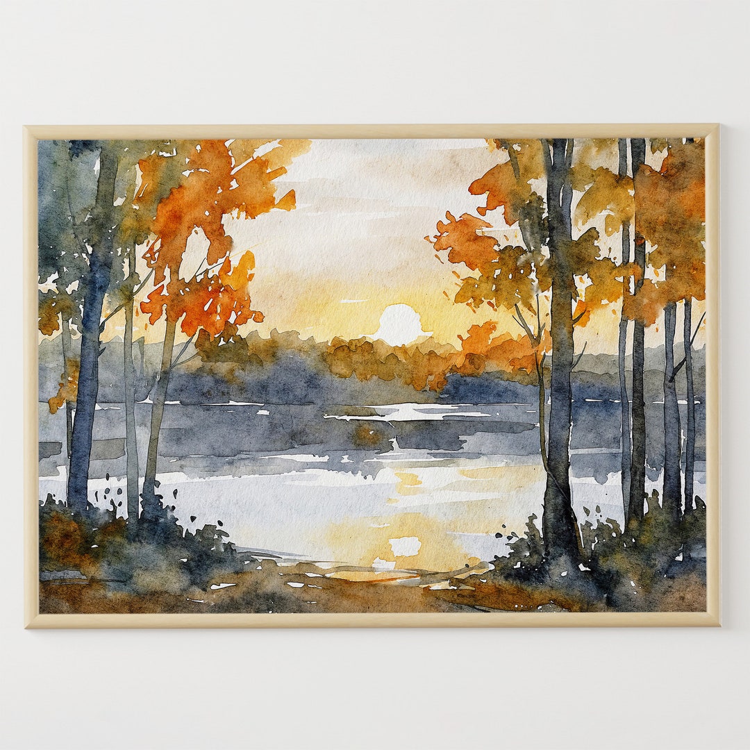 Sunrise Forest Lake Watercolor Painting Michigan Landscape Print Autumn ...