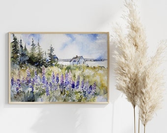 メイン海岸の水彩画アートプリント：ルピナスの花、海岸の風景 - Etsy 日本