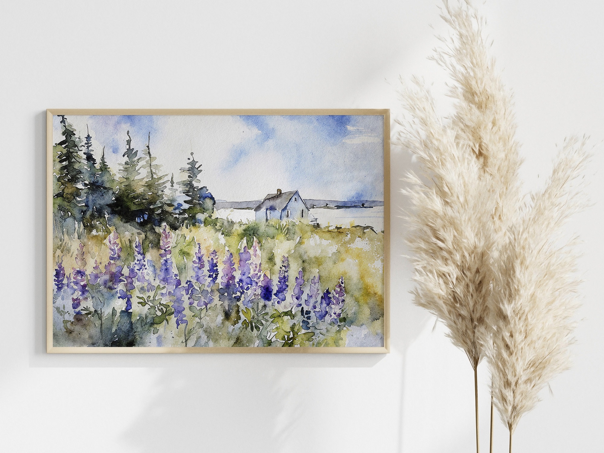 メイン海岸の水彩画アートプリント：ルピナスの花、海岸の風景 - Etsy 日本