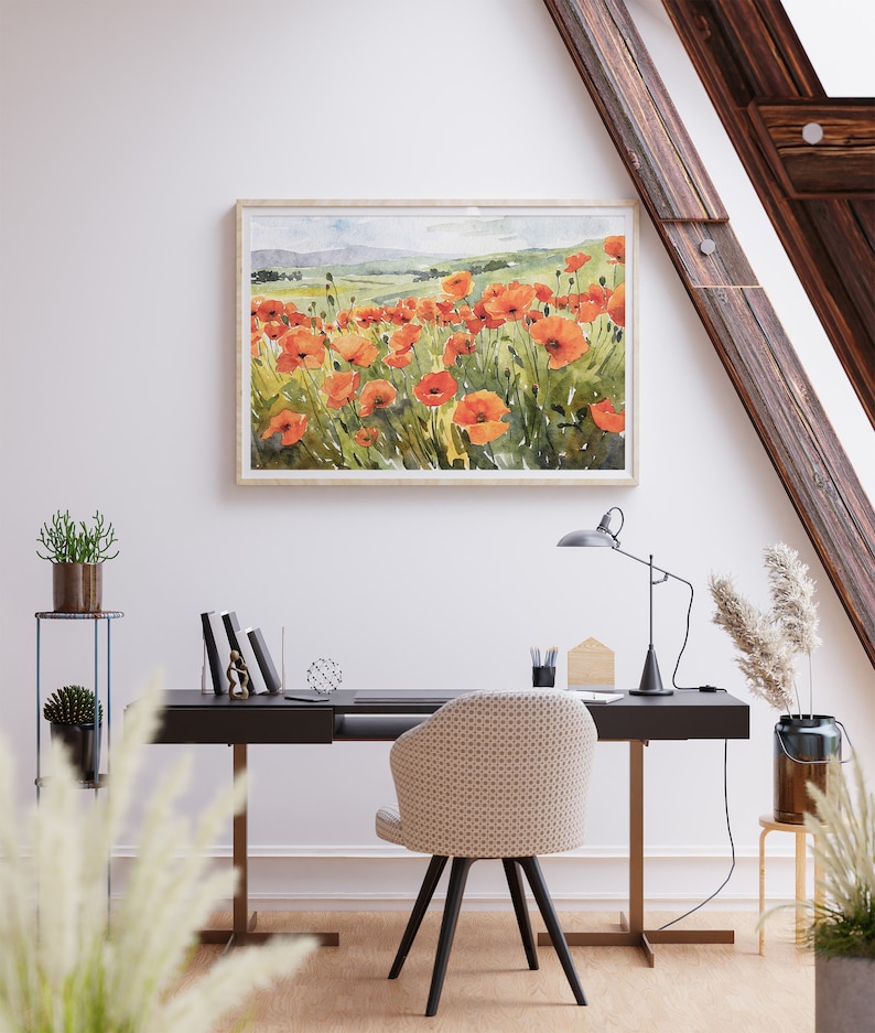 Poppy Field Painting Red Poppies Watercolor Print Meadow Landscape ...