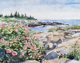 Stampa artistica ad acquerello di paesaggio marino del Maine: Blueberry Hill, rose costiere