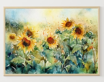 ひまわりの絵画、草原の水彩画、野生の花のアートプリント、花の風景
