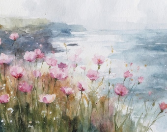 Cliffs of Moher Aquarell Druck Irische Küstenmalerei Emerald Isle Wandkunst Wildblumen Kunstwerk Irland Wanddekor