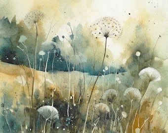 Dandelion Meadow Painting Wildflowers Watercolor Countryside Landscape Farmhouse Wall Art Housewarming Gifts