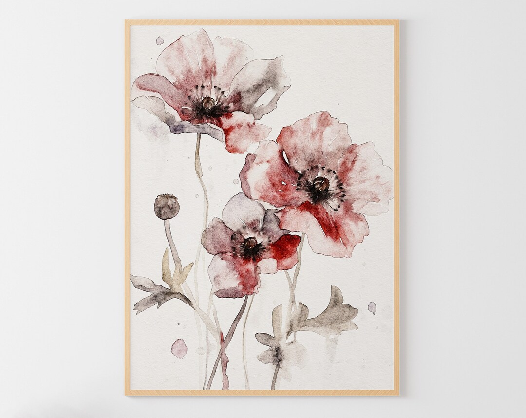 Poppy Watercolor Painting Flowers Art Print Neutral Floral Wall Art Red ...