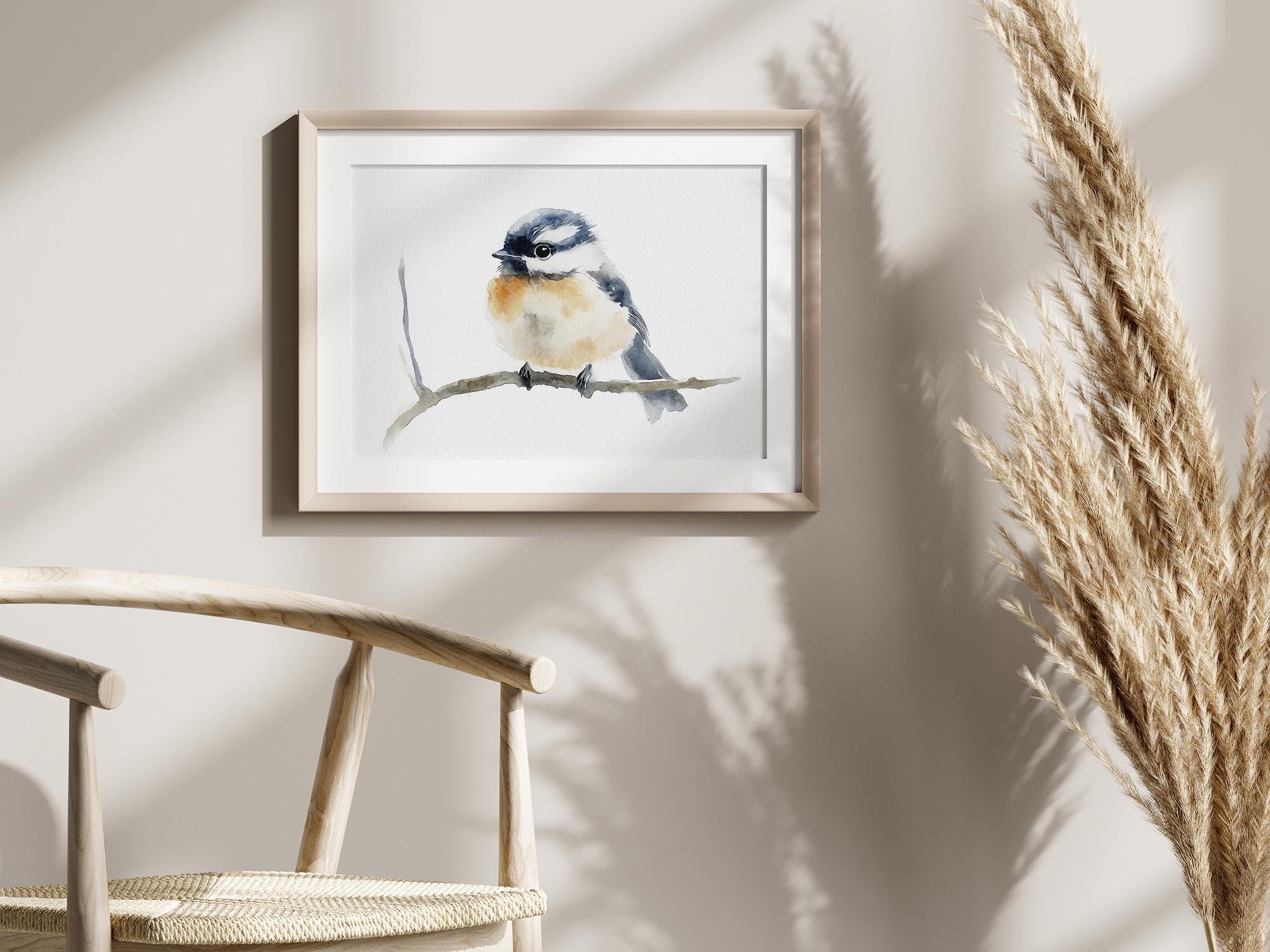 シカディー水彩画：枝に止まる鳥、ミニマルな春の装飾 - Etsy 日本