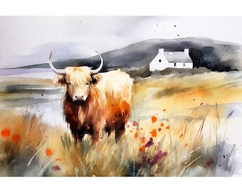 Scotland Watercolor Painting Highlands Cow Art Print Scottish Cottage Poster Scotland Landscape