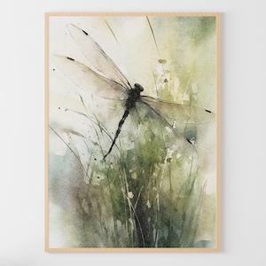 トンボの絵画 植物の水彩画 昆虫のアートワーク トンボのアートプリント ニュートラルな大きな水彩画
