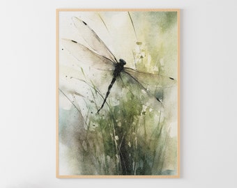 Dragonfly Painting Botanical Watercolor Insect Artwork Dragonfly Art Print Neutral Large Watercolor
