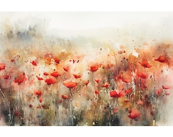 Red Poppy Meadow Watercolor Print Flowers Painting Floral Landscape Wall Art