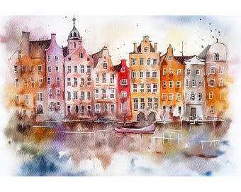 Amsterdam Cityscape Watercolor Print Netherlands Town Painting Europe Travel Poster Holland Wall Art