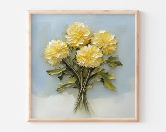 Dipinto di tarassaco, fiori gialli, stampa artistica, fiori selvatici, arte floreale da parete