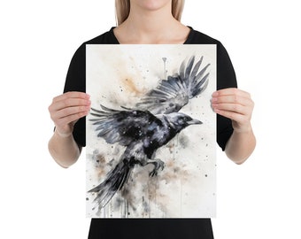 カラスの水彩画、黒いカラスのアートプリント、鳥の壁アート、黒い鳥の