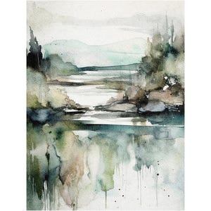 Dipinto ad acquerello del fiume Columbia, paesaggio di Washington, foresta di pini, opera d'arte, Columbia Gorge, grande acquerello.