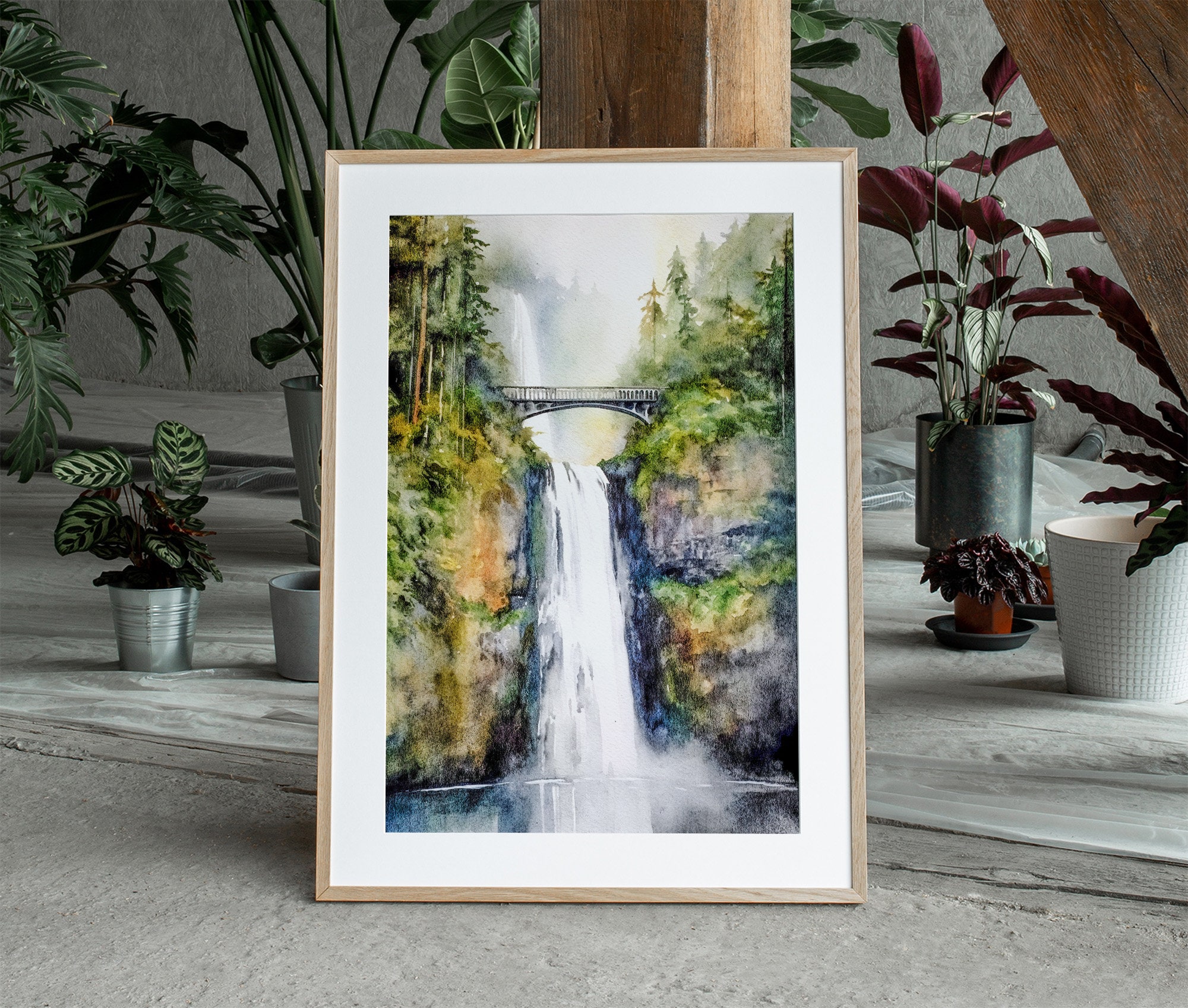 マルトノマ滝の水彩画、コロンビア川渓谷の絵画、オレゴンの風景、滝