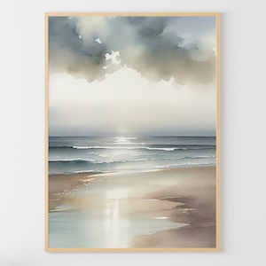 Ocean Beach Aquarell ruhiges Meer Malerei Meerlandschaft Kunstwerk Ocean Beach Wall Art Nautical Neutral Landschaft