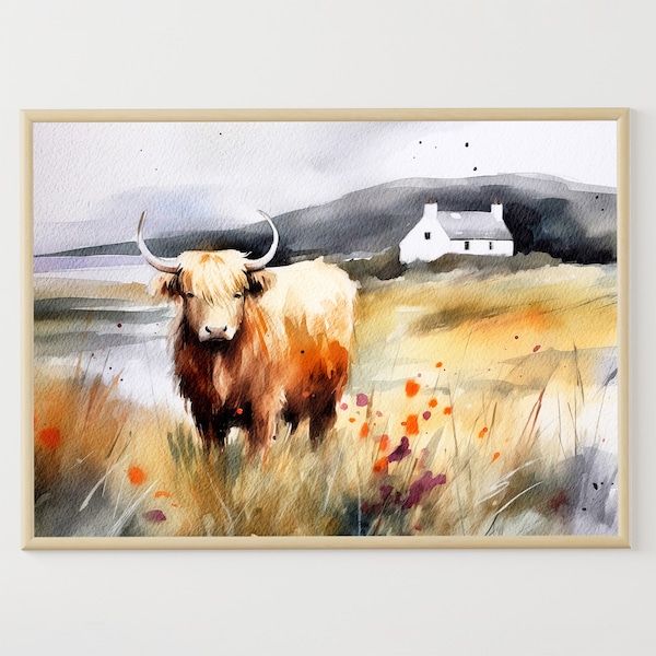 Scotland Watercolor Painting Highlands Cow Art Print Scottish Cottage Poster Scotland Landscape