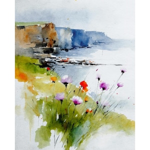 Może przedstawiać: Akwarela przedstawiająca krajobraz nadmorski. Dzieło przedstawia klify w odcieniach brązu i błękitu, z widokiem na zbiornik wodny. Polne kwiaty w odcieniach fioletu, pomarańczy i bieli na pierwszym planie.