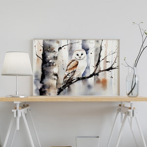 White Owl Watercolor Painting Winter Forest Wall Art Barn Owl Poster ...