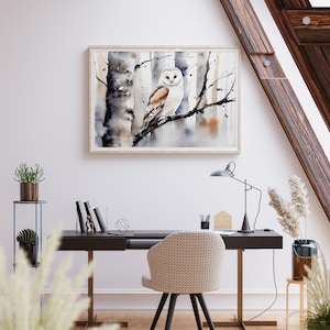 White Owl Watercolor Painting Winter Forest Wall Art Barn Owl Poster ...