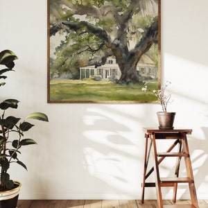 May include: A watercolor painting of a white house with a large oak tree in the front yard. The house has a porch and a green roof. The tree has green leaves and branches that extend over the house.