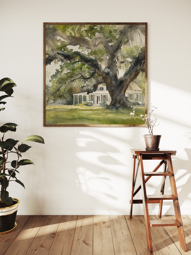 May include: A watercolor painting of a white house with a large oak tree in the front yard. The house has a porch and a green roof. The tree has green leaves and branches that extend over the house.