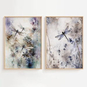 Dragonfly Watercolor Set Of 2 Prints Lavender Flowers Painting  Floral Poster Purple Wall Art Dragonfly Artwork