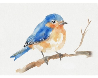 Bluebird Watercolor Print: Minimalist Bird on Branch Spring Wall Art