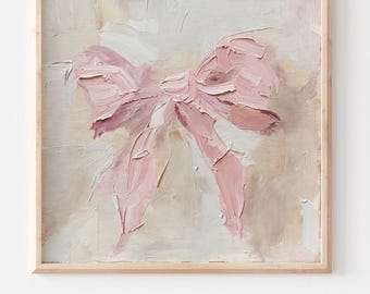 Pink Bow Oil Print Neutral Girly Apartment Wall Art Beige Pink Painting