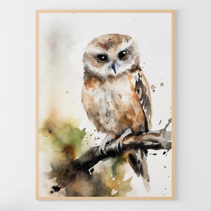 Búho acuarela pintura bosque pájaro arte impresión pájaro salvaje pared arte animal cartel
